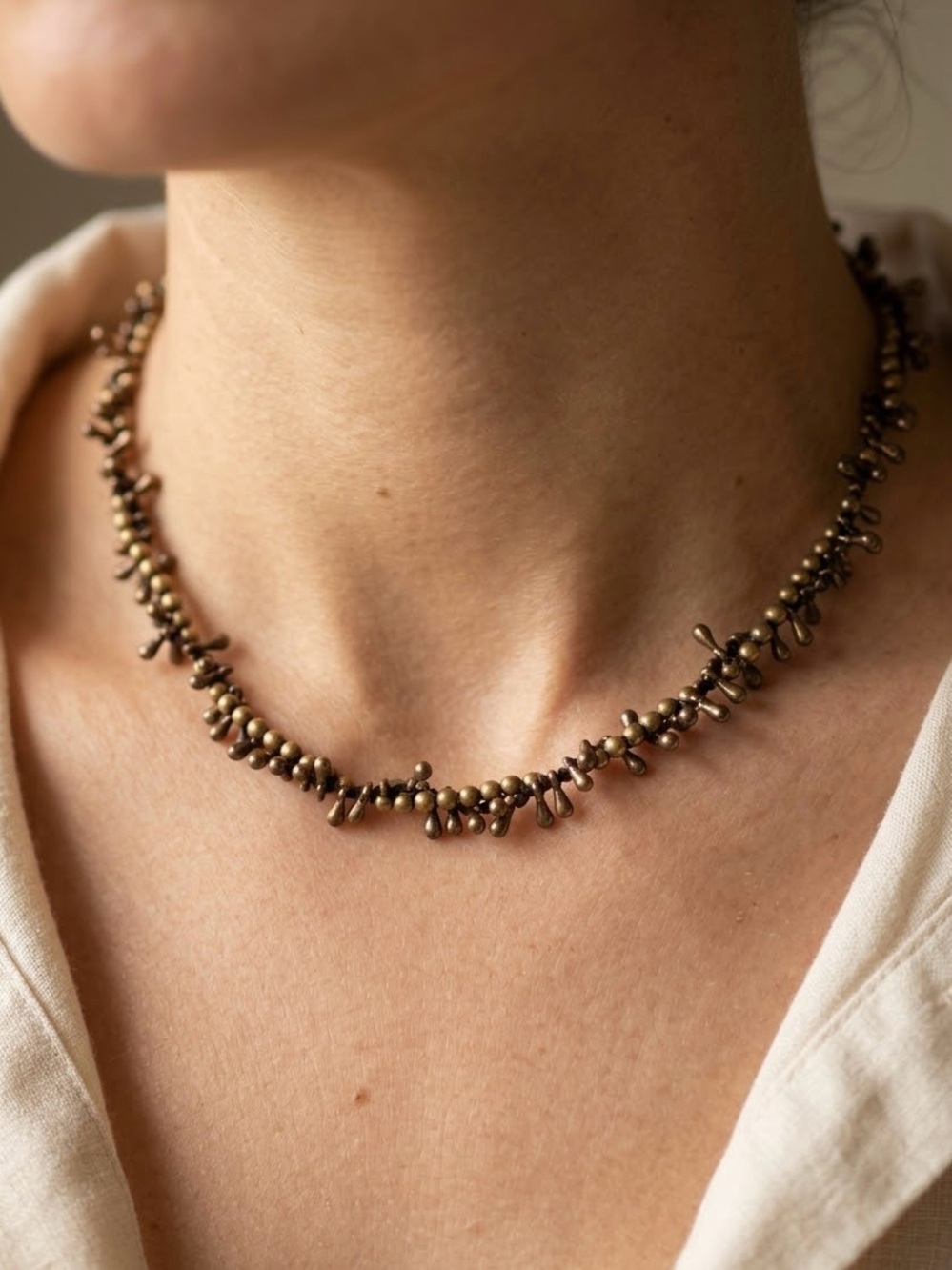 Boho Antique Brass Teardrop Fringe Beaded Cord Choker Necklace⁠